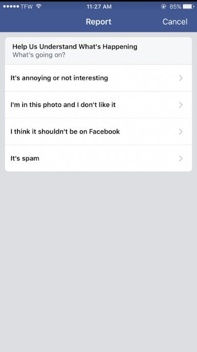 Facebook iOS: Reporting Objectionable Content: Choose reason