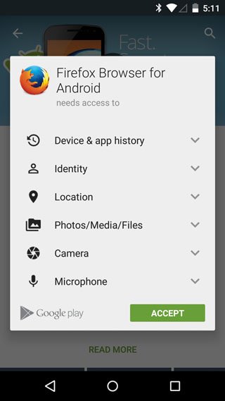 Firefox Android Permissions Dialog: Allow for Device Location, Camera, Microphone