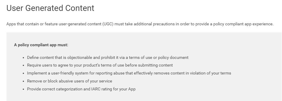 Google Play Store: Terms for Objectionable Content