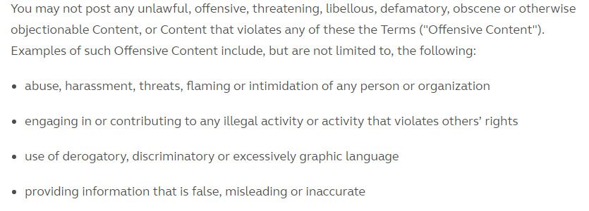 Guaana Terms of Service: Screenshot of what Content is not allowed in Objectionable Content clause