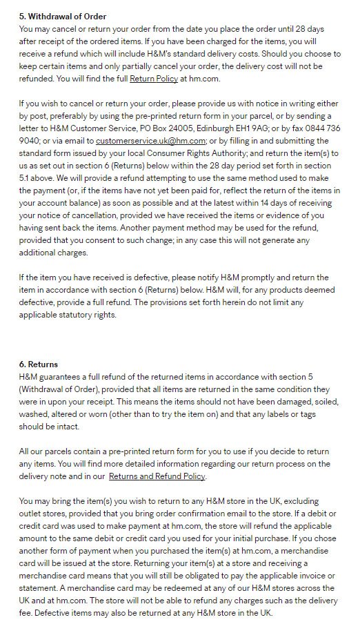 H&m clearance returns policy