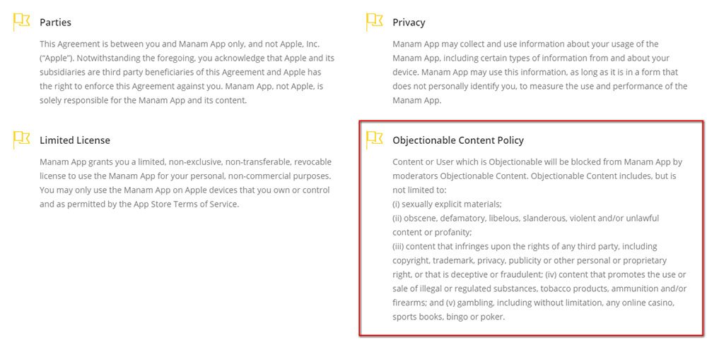 Manam App Terms &amp; Conditions: Objectionable Content Policy