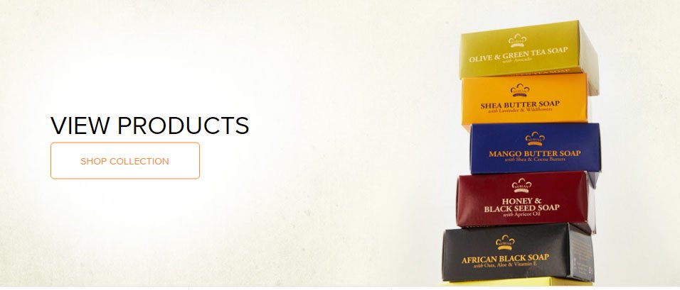 Nubian Heritage About Us page: The View Products call to action button