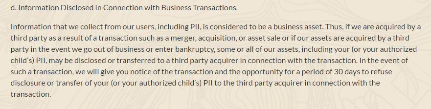 Pokemon GO Privacy Policy: Business Transfer clause
