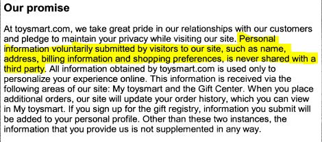 Privacy Policy of Toysmart in June 2000 bankruptcy