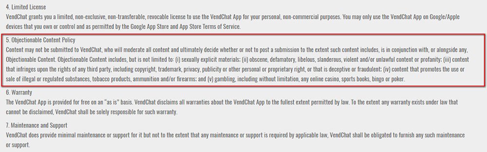 Vendchat Terms &amp; Conditions: Clause of Objectionable Content