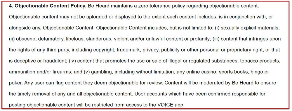 Objectionable Content Policy in the Terms of Use for Voice the App