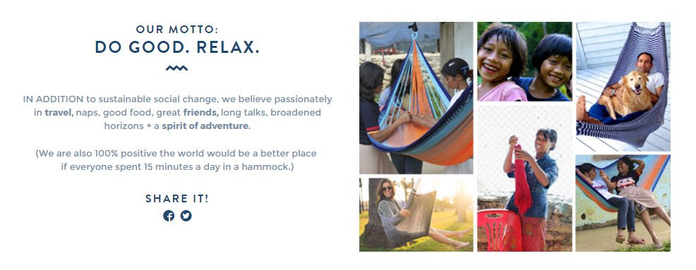 Yellow Leaf Hammocks About Us page: Moto section with text and images