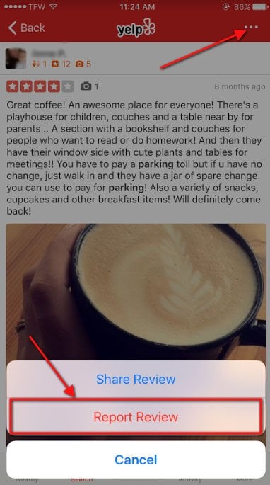 Yelp iOS Report button to report Objectionable review