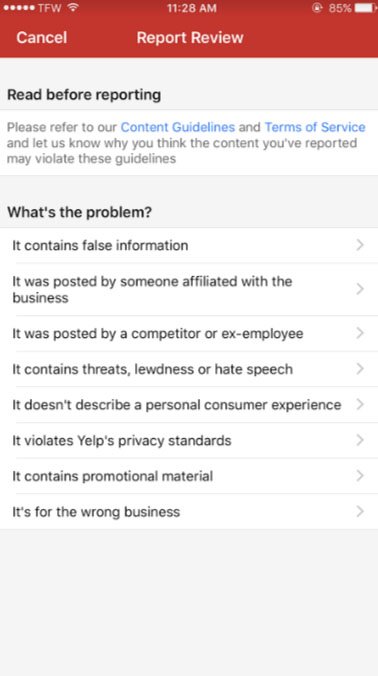 Yelp iOS Reporting Objectionable Content: Choose a reason