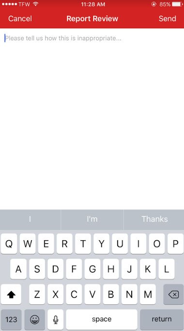Yelp iOS Reporting Objectionable Content: Enter message why the review is inappropriate