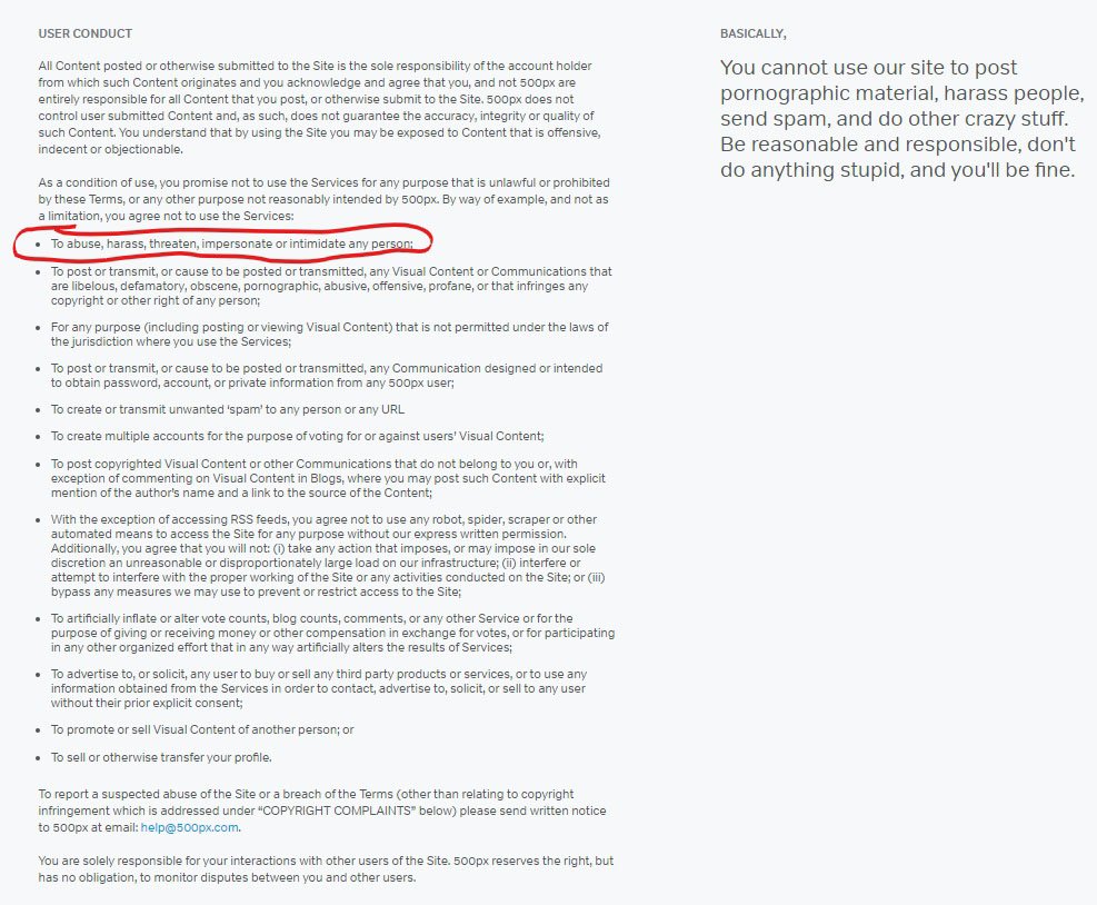 500px Terms of Service: User Conduct on Harassment
