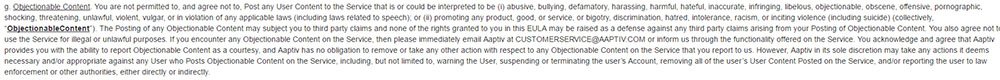 Aaptiv EULA &amp; Terms of Service: Definition of Objectionable Content