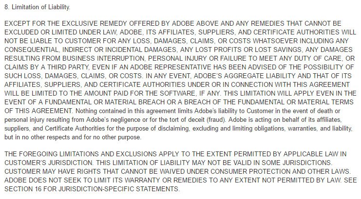 Adobe EULA: Limitation of Liability