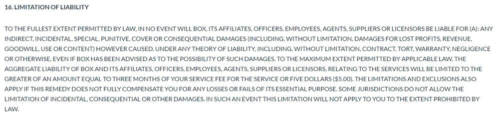 Box Terms of Service: Limitation of Liability
