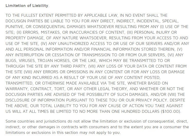 Limitation of Liability in Terms of Use from DocuSign