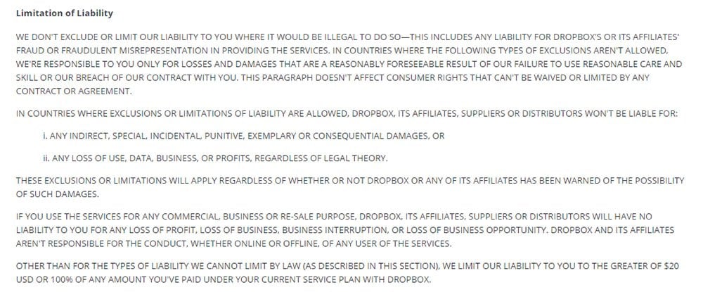 Dropbox Terms of Service: Limitation of Liability