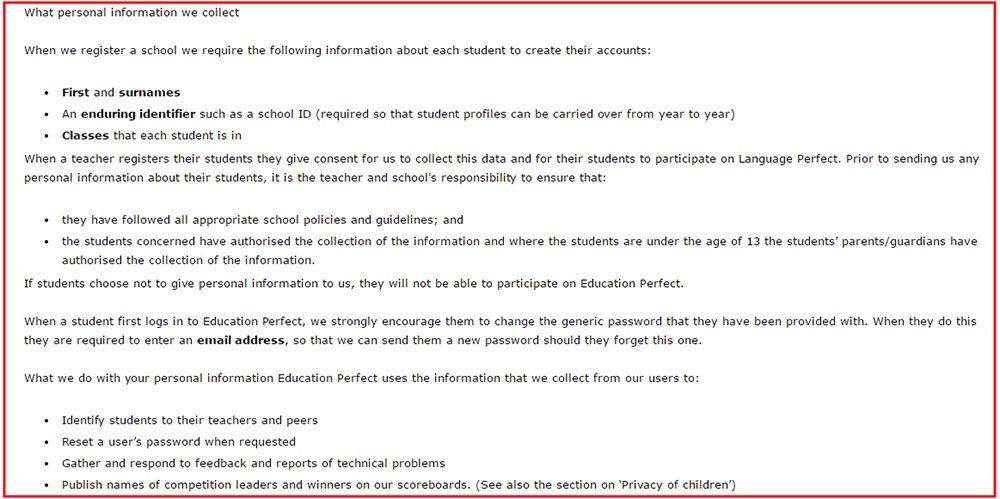 Education Perfect, a Weebly website, clause in Privacy Policy on Student