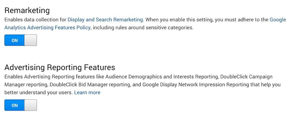 Remarketing and Advertising Reporting Features enabled in Google Analytics