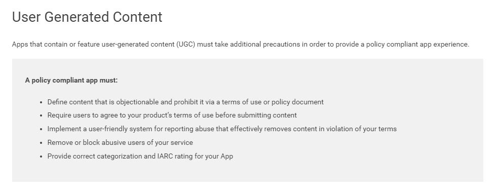 Requirements on user-generated content from Google Play Store