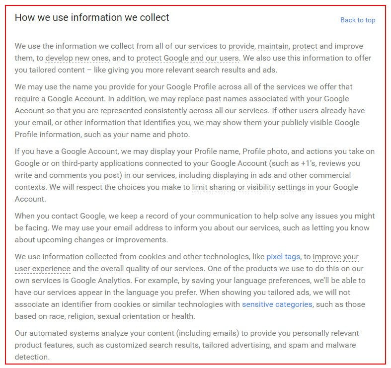 Screenshot of Google Privacy Policy page