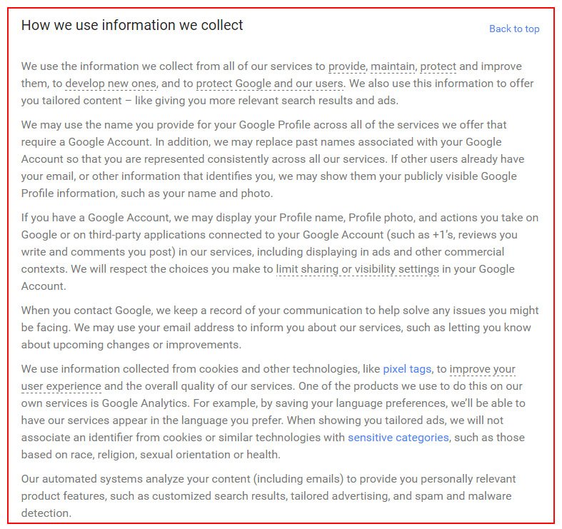 Screenshot of Google Privacy Policy page