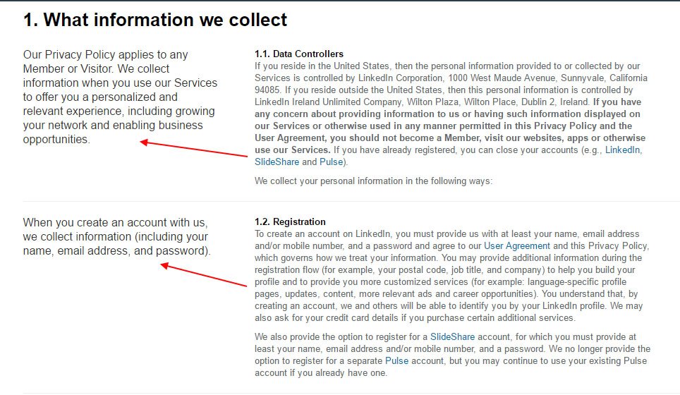 LinkedIn Privacy Policy page: Summary paragraph examples