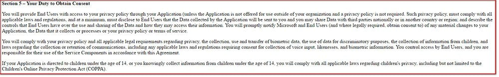 Microsoft Bot Framework Services Agreement Section 5 on Privacy Policy