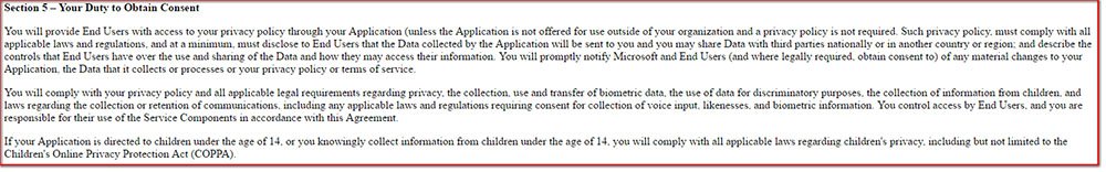 Microsoft Bot Framework Services Agreement Section 5 on Privacy Policy