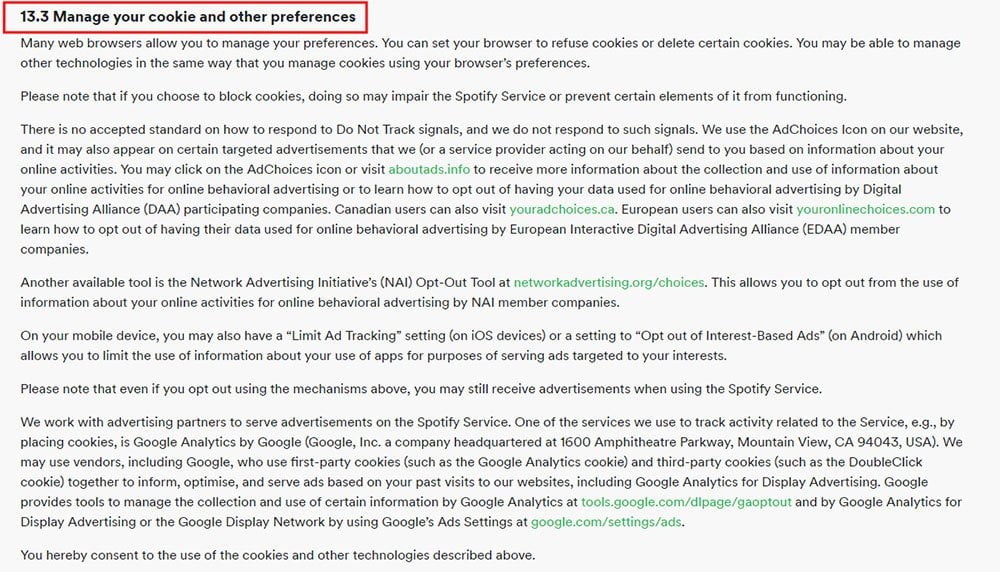 Spotify Privacy Policy: the Manage Cookies section