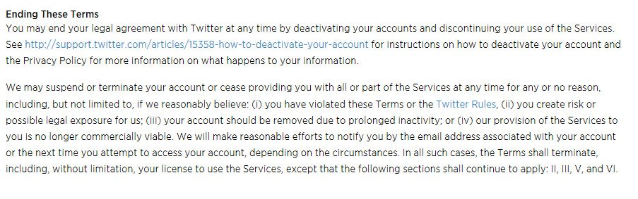 Twitter Terms of Service: Termination clause on Objectionable Content