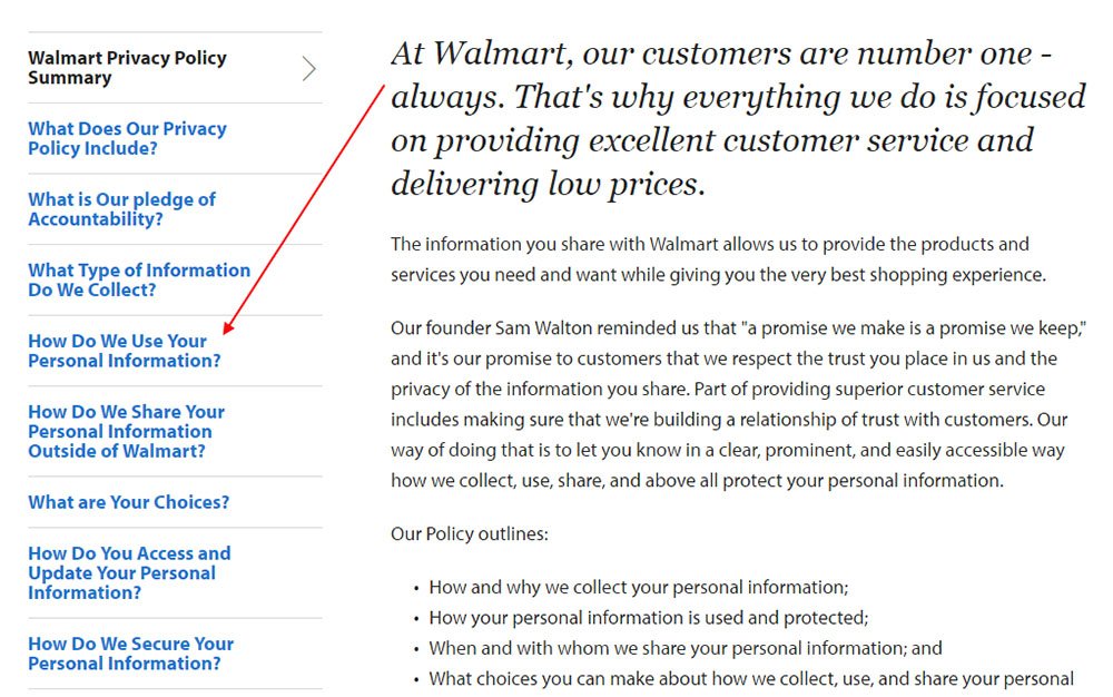 Screenshot of Walmart Privacy Policy