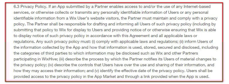 Wix Developers Partners Agreement, Section 6.3: Privacy Policy