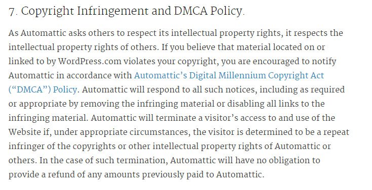 WordPress Terms of Service: Copyright Infringement and DMCA Policy