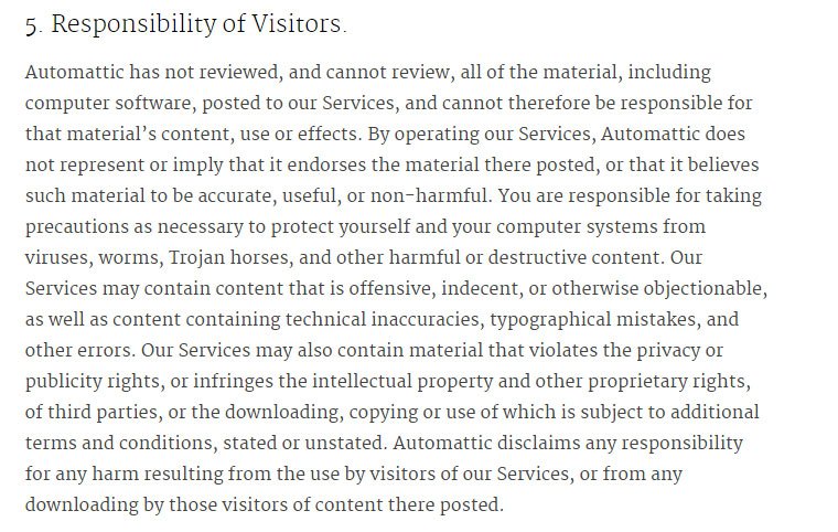 WordPress Terms of Service: Responsibility of Visitors