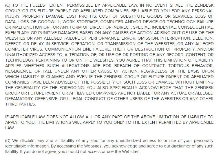 ZenDesk Terms of Use: Limitation of Liability