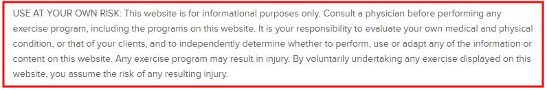 Example of Use At Your Own Risk Disclaimer from Concept2