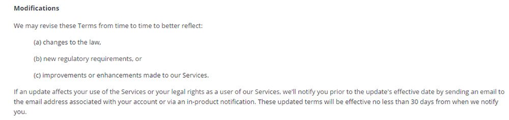 Dropbox Terms of Service: Modifications clause