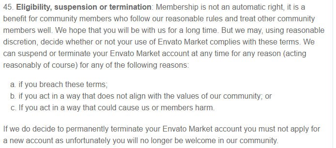 Envato Market Terms: Eligibility, Suspension and Termination clause