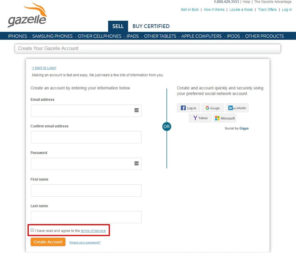 Gazelle Bigcommerce store: Clickwrap with Agree to Terms of Service