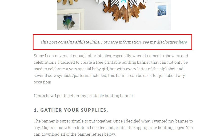 Example of Affiliate Disclosure in a post from Just A Girl and Her Blog