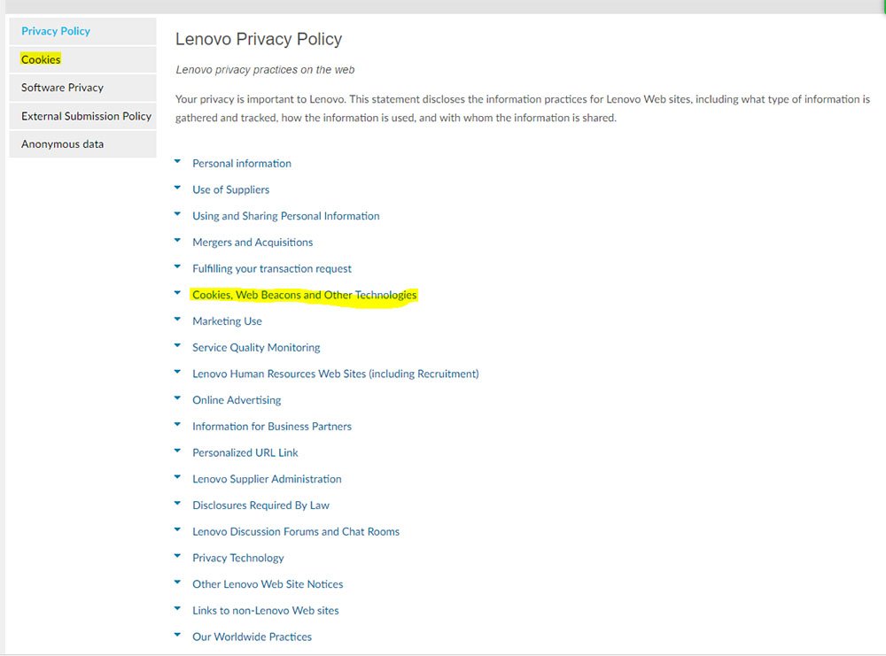 Lenovo Netherlands Privacy Policy: Cookies in the Table of Contents