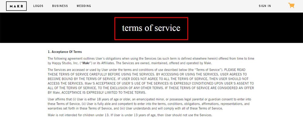Makr website: Screenshot of Terms of Service page