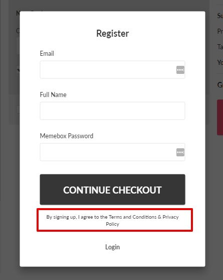 Example of clickwrap from Memebox during checkout: Account is required and by signing up you agree to Terms &amp; Conditions and Privacy Policy