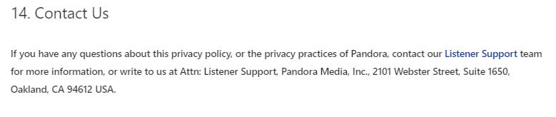 Pandora Privacy Policy: Contact Us