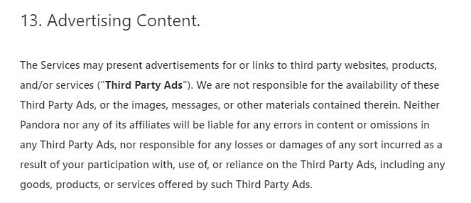 Pandora Terms of Use: Advertising Content clause