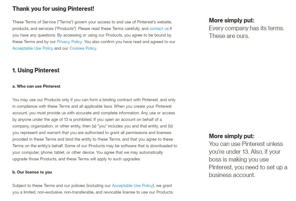 Pinterest Terms of Service: Plain language example