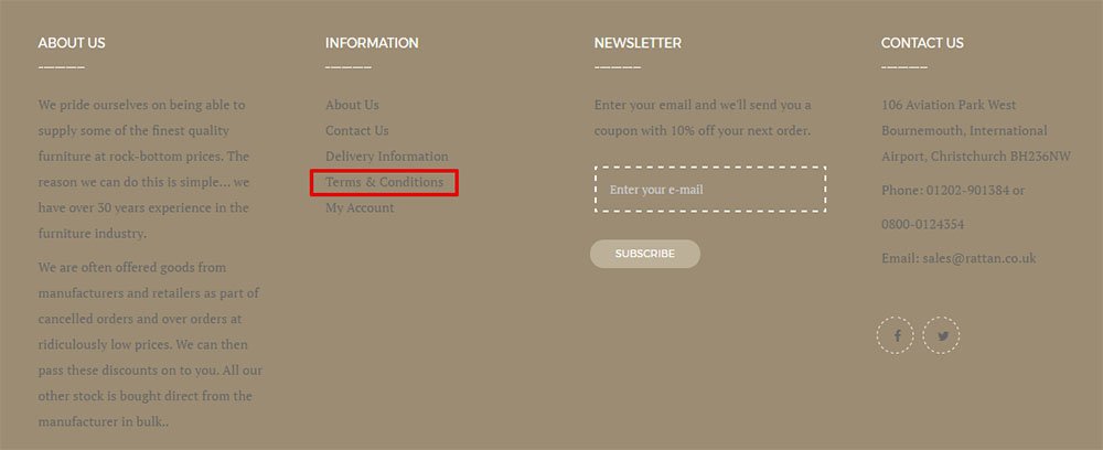 Rattan runs on Prestashop: Its footer links to Terms and Conditions