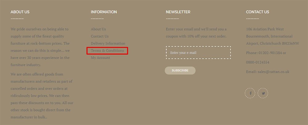 Rattan runs on Prestashop: Its footer links to Terms and Conditions
