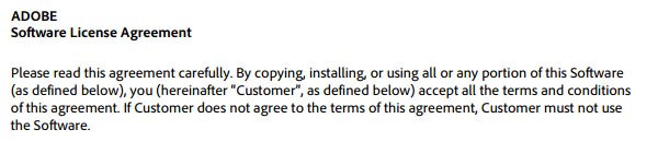 Adobe Flash Software License Agreement showing acceptance by copying, installing or using software